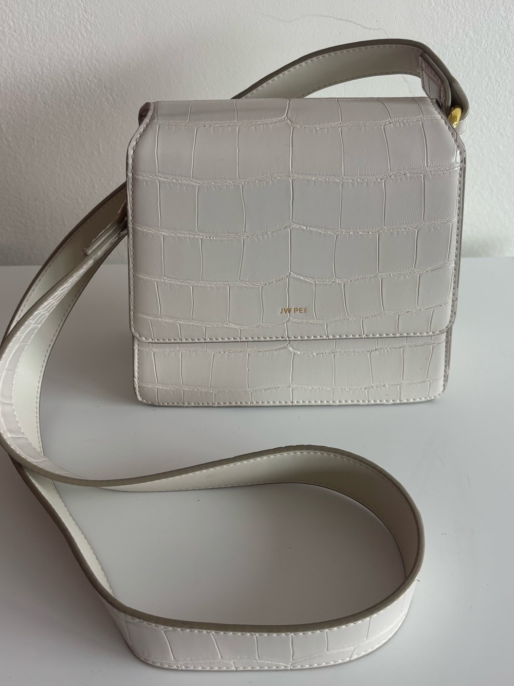 JW PEI Cream Croc-Embossed Box Crossbody Bag